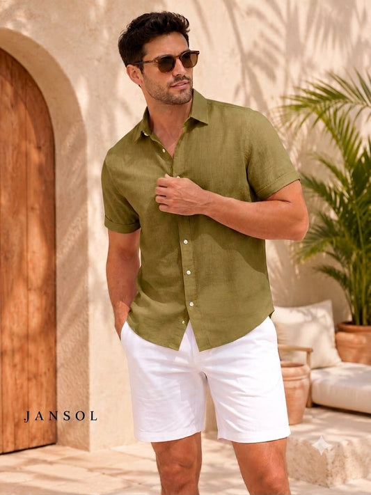 Camisa en Lino Verde Olivo (Manga Corta) |JANSOL